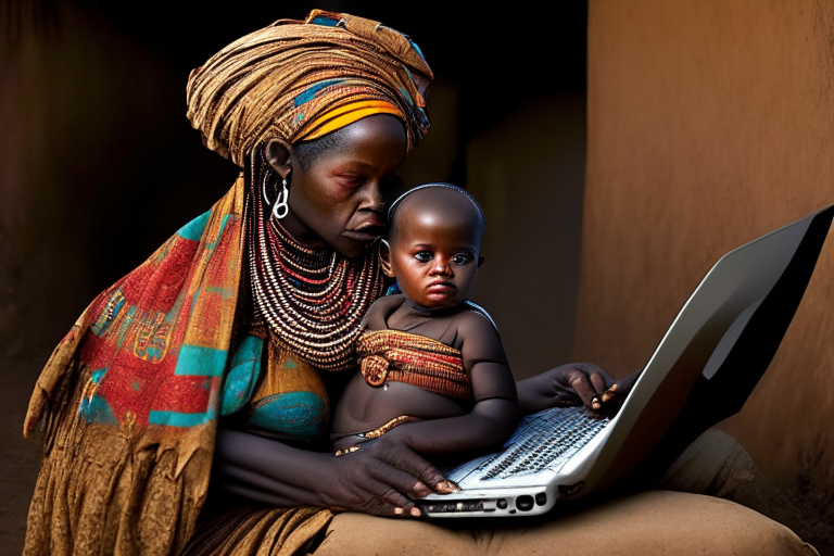 African woman on traditional dress carrying a baby on her back and typing on a laptop 