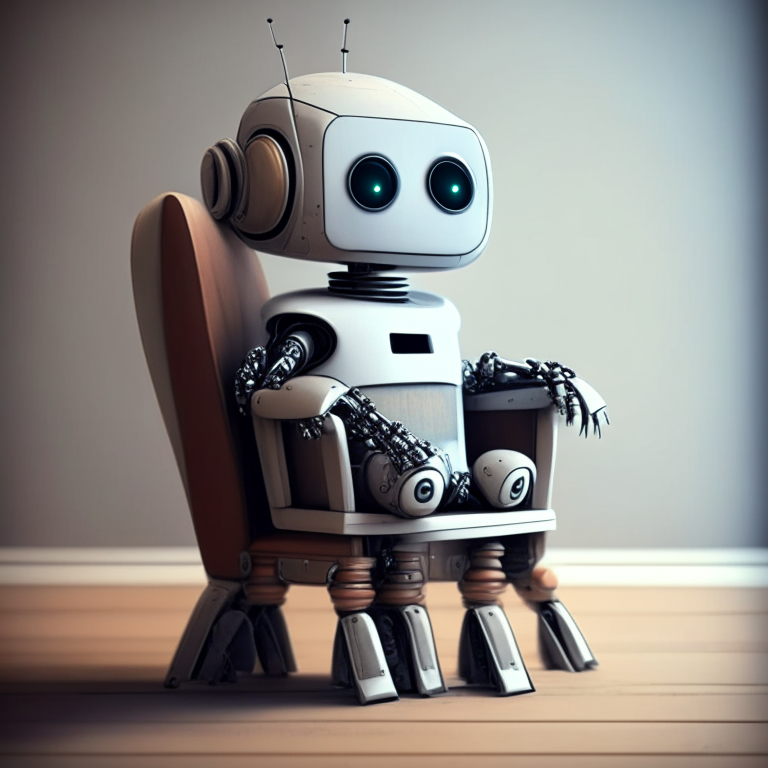 a cute robot sitting on a chair and talking