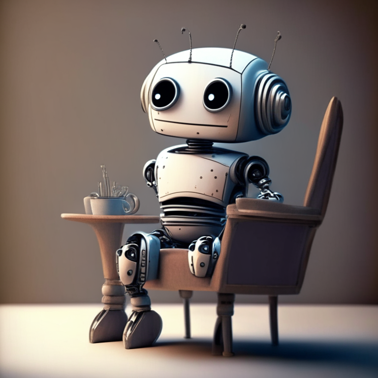 a cute robot sitting on a chair and talking
