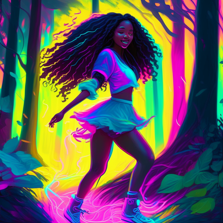 a beautiful mixed race black woman with long hair and cute neon shoes dancing in the middle of the forest, bright bold, neon pastel electric colors, vibrant glowing neon pastel colors, digital painting 