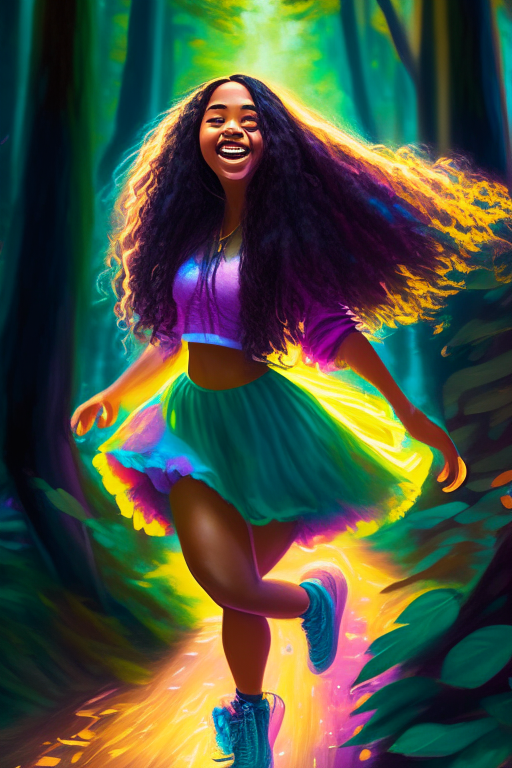 a beautiful mixed race brown woman with long hair and cute neon shoes dancing in the middle of a forest, high definition, hyper realisim, digital painting, bright colorful cheery, beautiful 