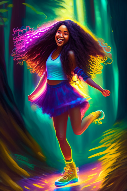 a beautiful mixed race brown woman with long hair and cute neon shoes dancing in the middle of a forest, high definition, hyper realisim, digital painting, bright colorful cheery, beautiful 