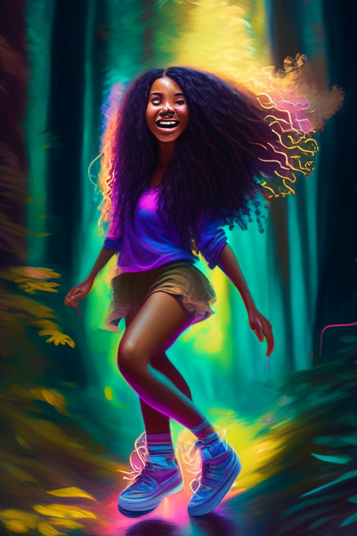 a beautiful mixed race brown woman with long hair and cute neon shoes dancing in the middle of a forest, high definition, hyper realisim, digital painting, bright colorful, beautiful 