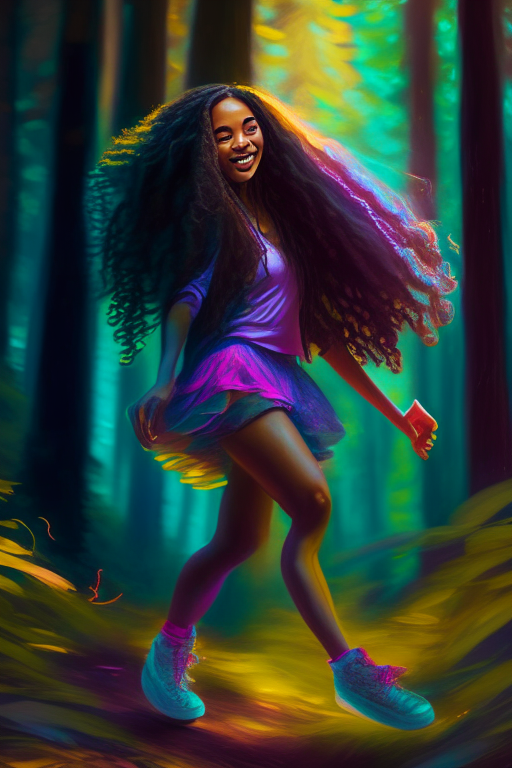 a beautiful mixed race brown woman with long hair and cute neon shoes dancing in the middle of a forest, high definition, hyper realisim, digital painting, bright colorful, beautiful, unblurred 4k ultra
