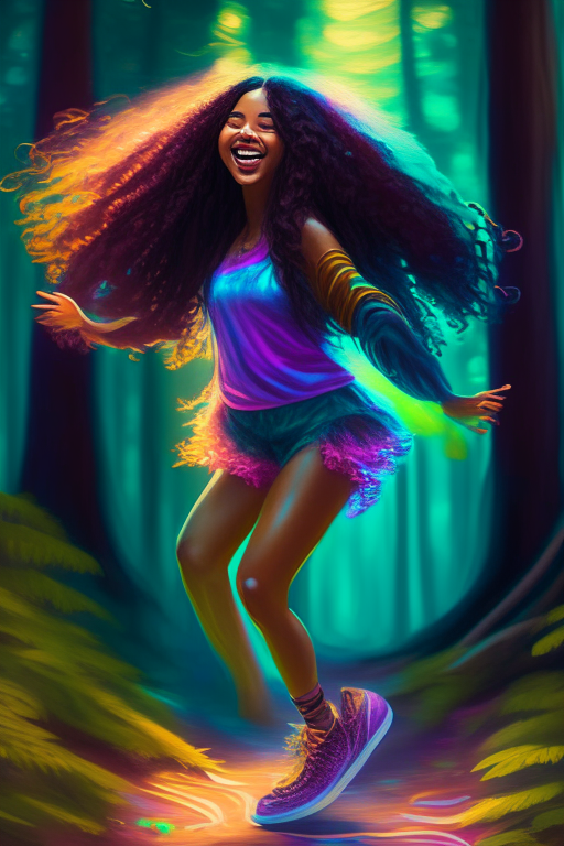 a beautiful mixed race brown woman with long hair and cute neon shoes dancing in the middle of a forest, high definition, hyper realisim, digital painting, bright colorful, beautiful, unblurred 4k ultra
