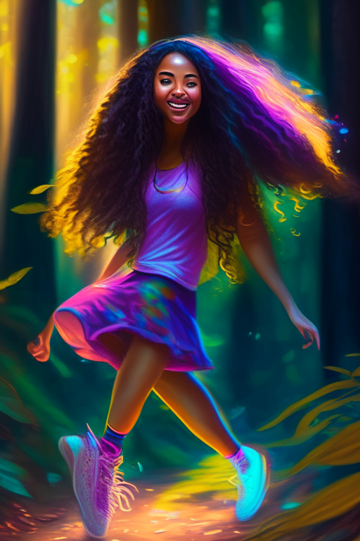 a beautiful mixed race brown woman with long hair and cute neon shoes dancing in the middle of a forest, high definition, hyper realisim, digital painting, bright colorful, beautiful, unblurred 4k ultra