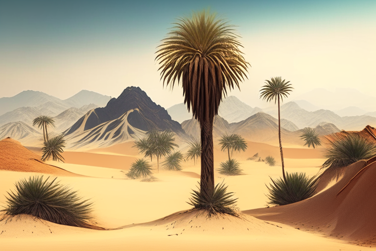 Desert with few small mountains and coconut trees