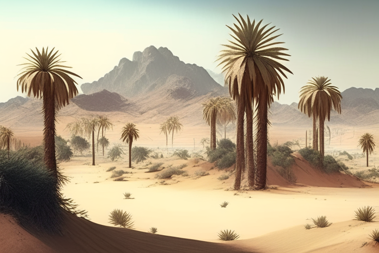 Desert with few small mountains and coconut trees in a wide landscape