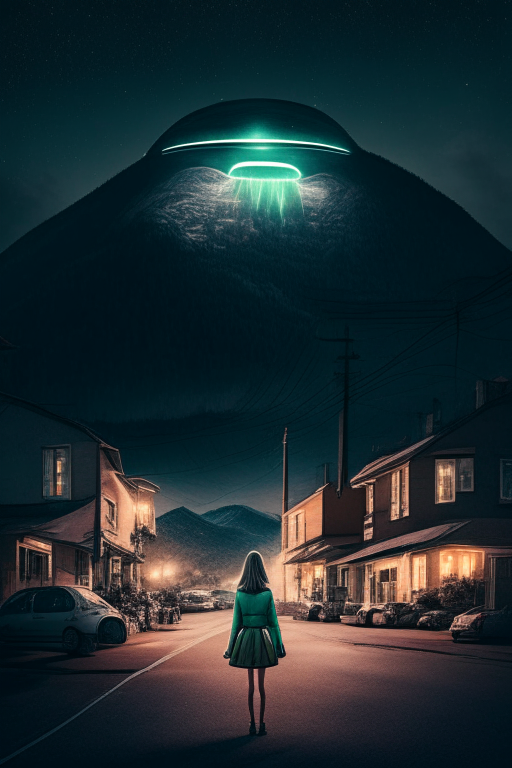 A mountain town at night, a woman standing on the street with a UFO in the sky