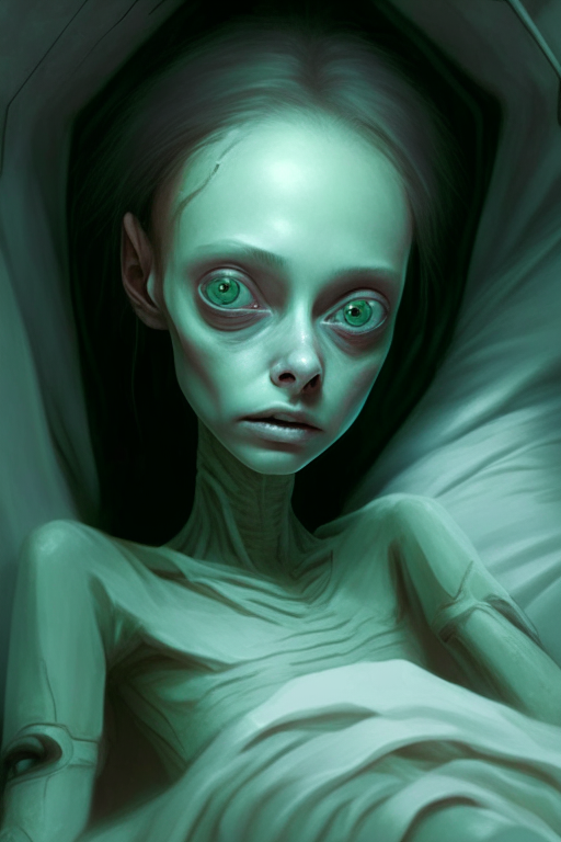 Elena found herself strapped to a cold gurney where inhuman-looking alien beings moved around her. They were short, thin, had pale skin, and their eyes were deep set.