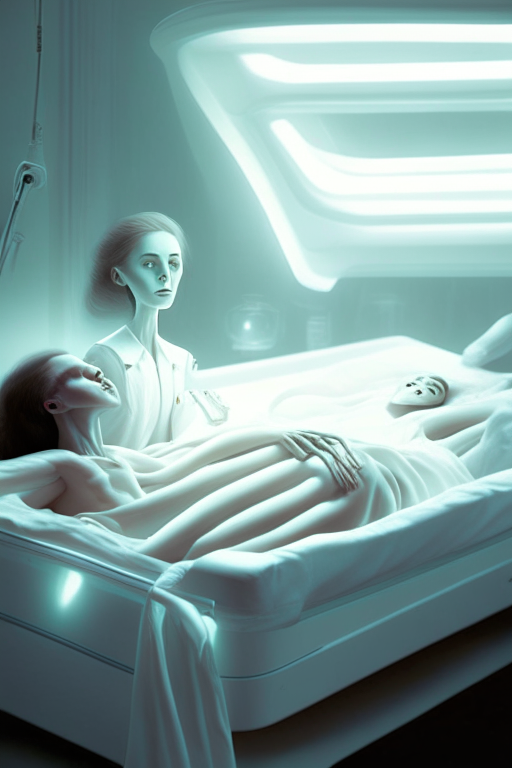 A white lit room, with medical instruments, several short, thin aliens, pale skin and deep eyes, with a human woman lying on a stretcher