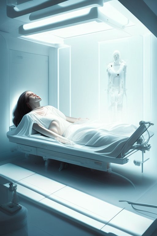 
An illuminated white room, with medical instruments, and a human woman lying on a stretcher