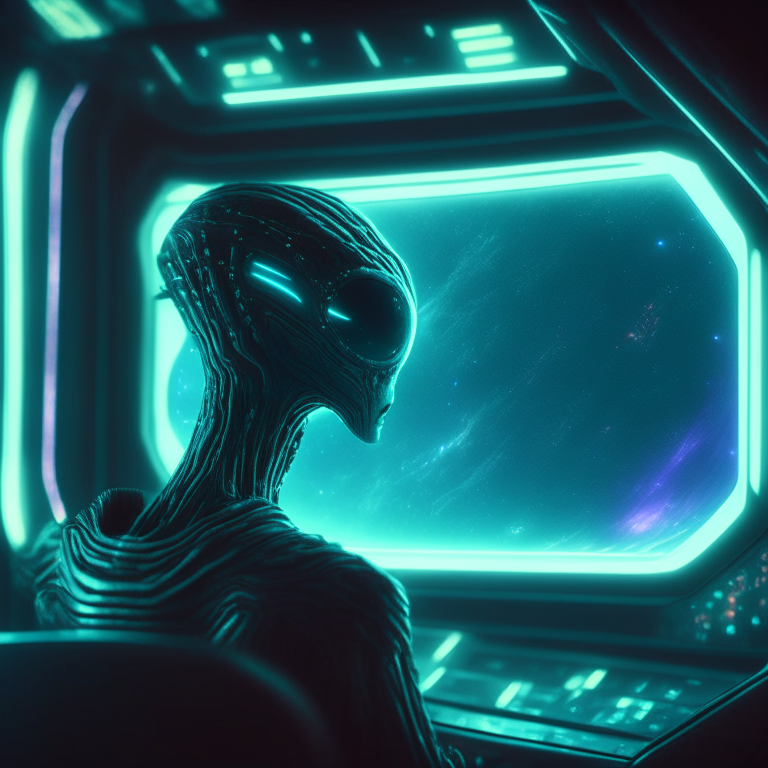 cinematographic frame of an alien HD who is in his ship watching holographic screens