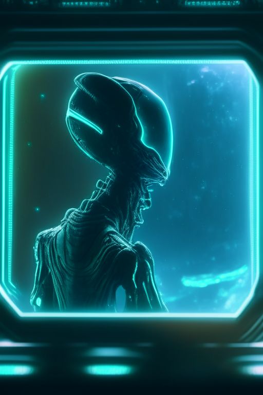 cinematographic frame of an alien HD who is in his ship watching holographic screens