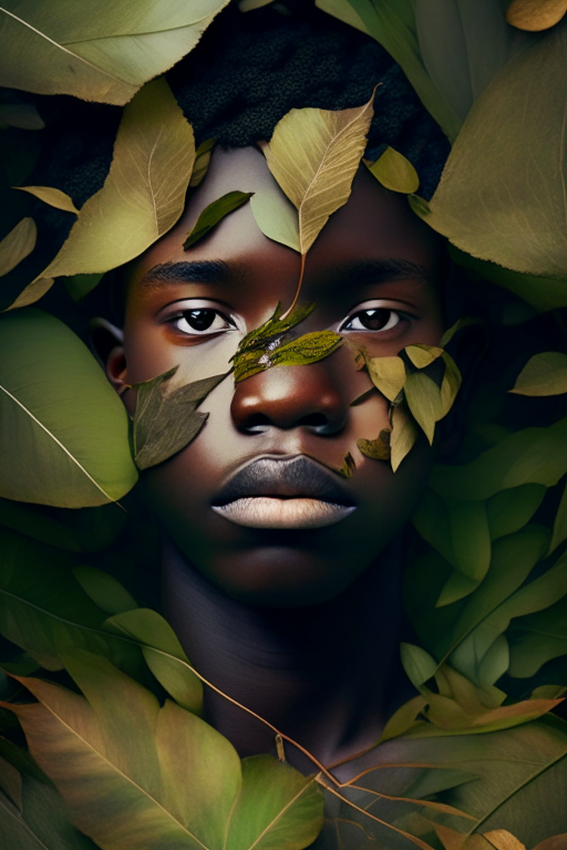 Face of African youth with body covered in leaves and plants