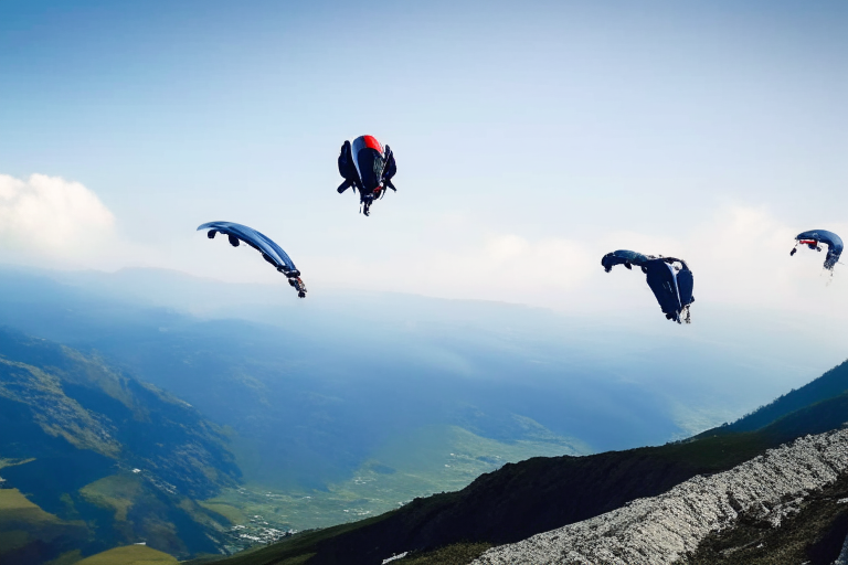 Skydivers soaring above us, we take in the scenery.
They descend from the mountain and reach a vast rocky slope.
Speeding down the slope gives us an adrenaline rush.