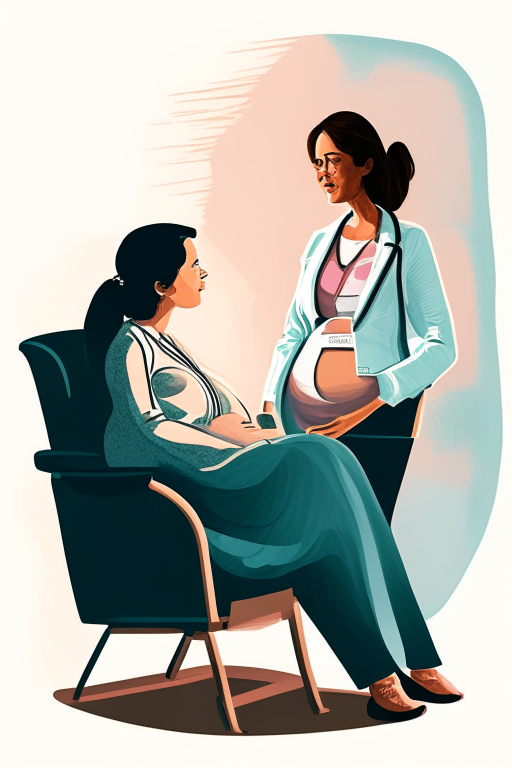 A woman doctor with a pregnant patient woman each sitting in a chair, in a medical consultation, realistic