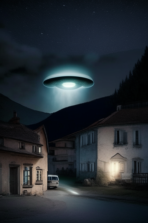 At night in a small town in the Pyrenees, with a UFO in the sky