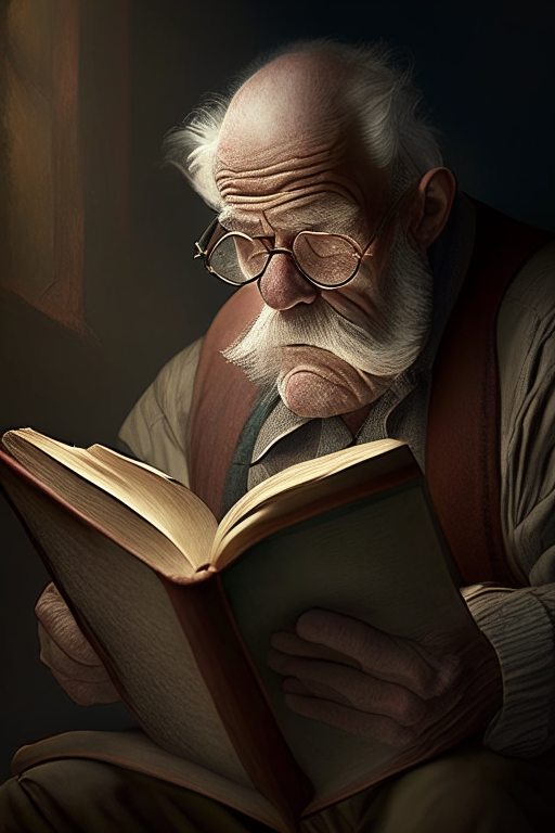 A old, strong man reading book