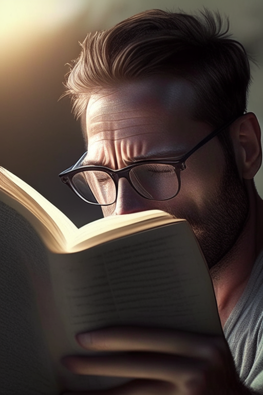 A 35 year old man reading book with an open eyee without sunglassess