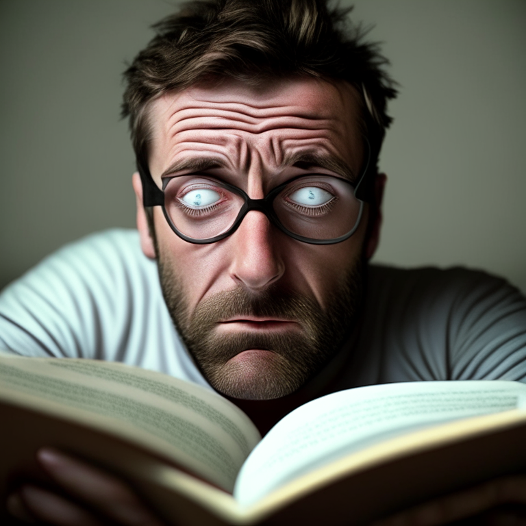 A 37 year old man reading with his eyes open without any glasses
