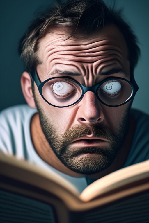 A 37 year old man reading with his eyes open without any glasses