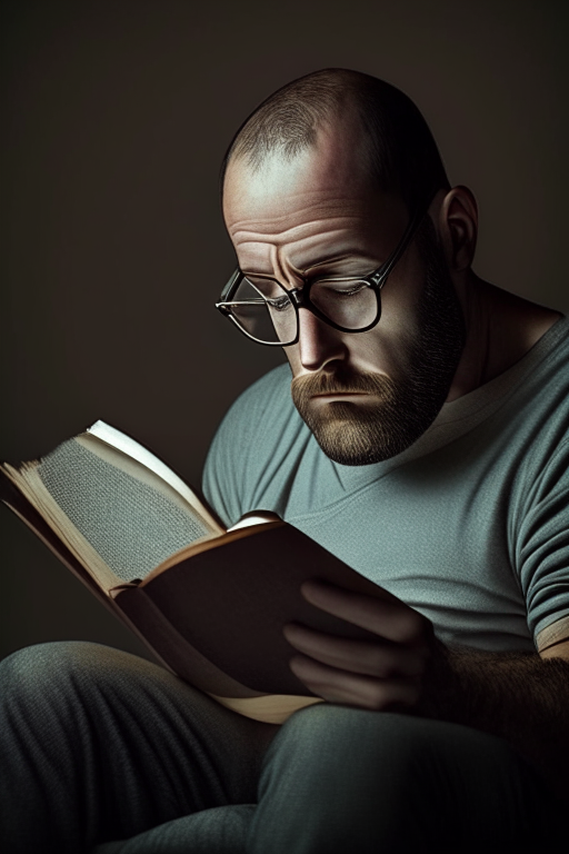 A 37 year old man sitting, reading without any glasses