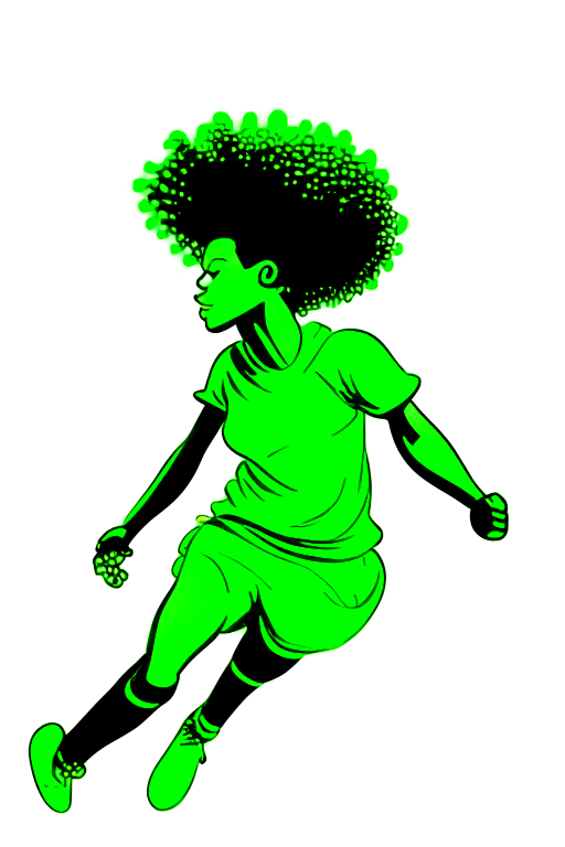 Black female footballer on green T-shirt playing ball