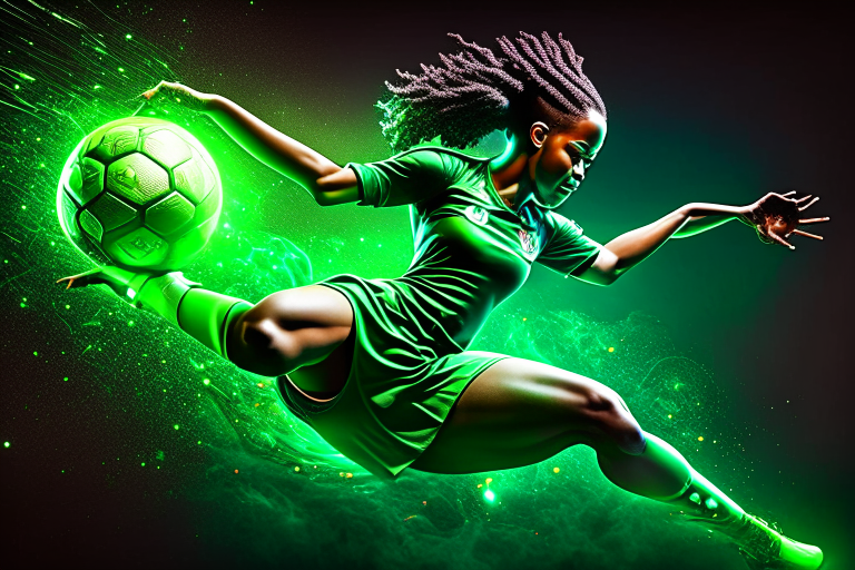 Black female footballer on green T-shirt playing ball with green illumination 