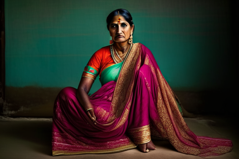 A woman in Indian saree sitting legs folded