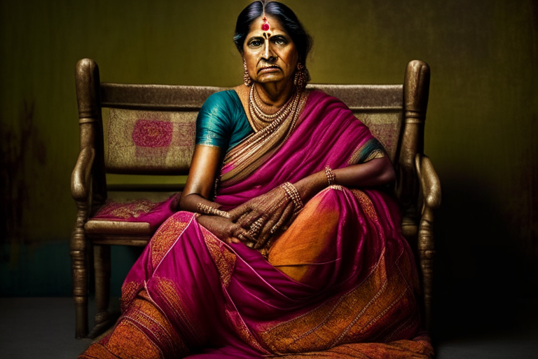 A woman in Indian saree sitting legs folded