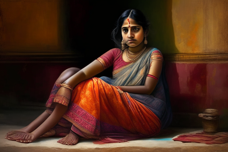 A girl in Indian saree sitting legs folded