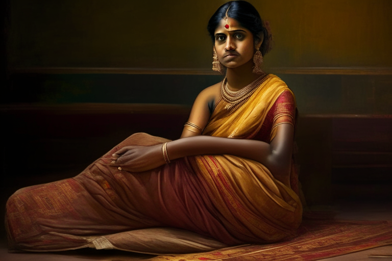 A girl in saree sitting legs folded