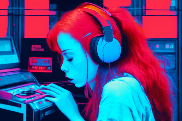 girl red head with headphone playing arcade in 1980. the color of image is blue and pink neon