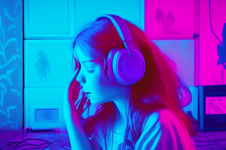 girl redhead with headphone playing fliperama room in 1980. the color of image is blue and pink neon