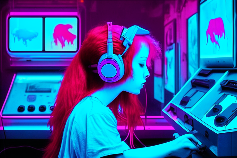 girl redhead with headphone playing arcade room in 1980. the color of image is blue and pink neon