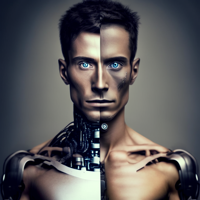 man with robot body and human face staring at camera high quality