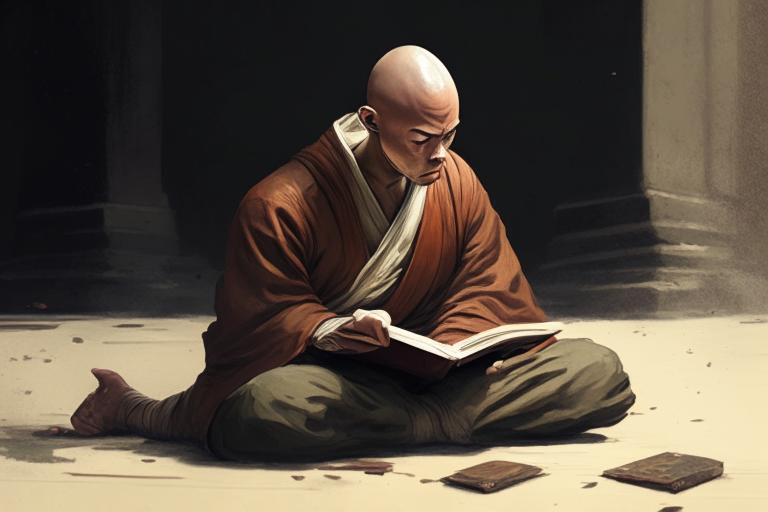 A bald kung fu master sitting on the ground, looking at a book