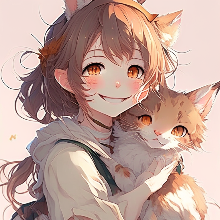 Pretty anime with her cat on shoulder, and smile 