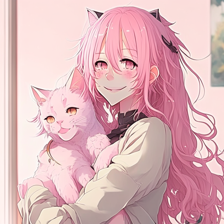 Pretty anime with her cat on shoulder, and smile , pink colour, longe hair, inside home 