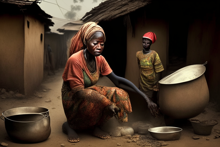 Using a typical Nigerian environment, show a woman helping the needy