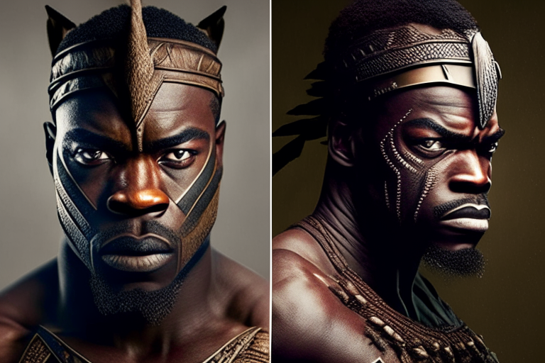 Create an image of an African man who transforms from a normal timid man into a great warrior 