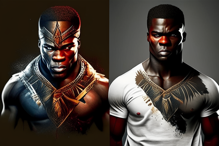 Create an image of an African man who transforms from a normal timid man on  t-shirt into a great warrior 