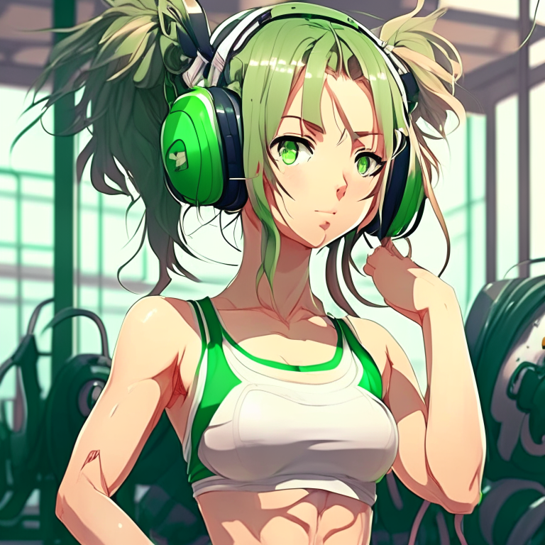 Pretty anime girl with green earphones, in the gym 