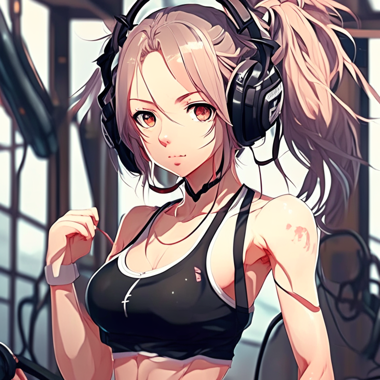 Pretty anime girl with black earphones, do sport in the gym 