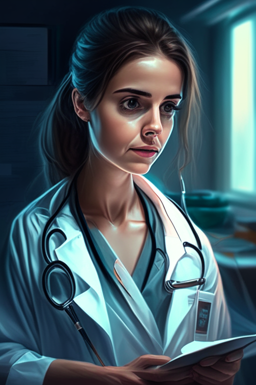 A beautiful young female doctor in a surgery, high quality, highly detailed, looking at medical evidence