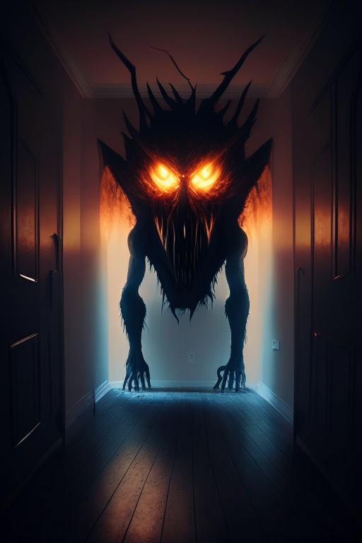 inside a modern room, demonic creature, tall, strong, with burning eyes, high resolution, creepy midnight