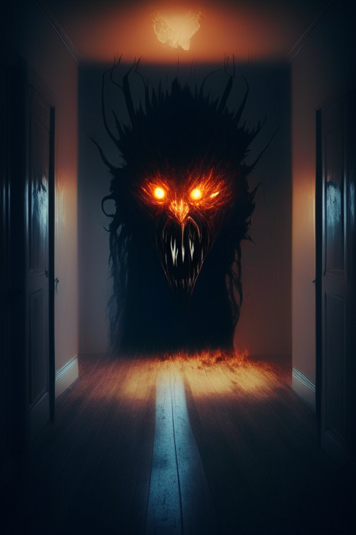 inside a modern room, demonic creature, takes a soul, tall, strong, with burning eyes, high resolution, creepy midnight