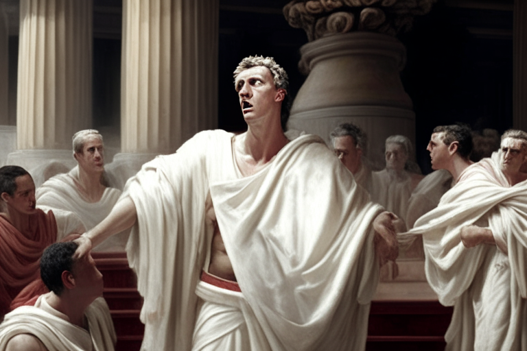 Julis caesar stubbed by senators in white toga in ancient roman senate

