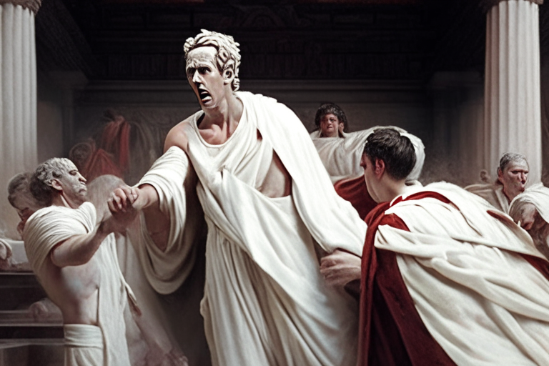 Julis caesar assaulted and killed by senators in white toga in ancient roman senate

